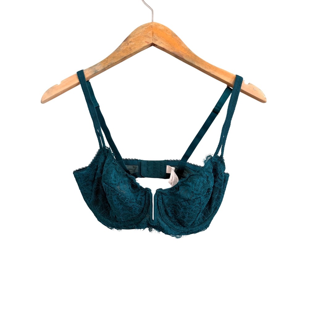 Auden Unlined Lace Balconette Bra Womens 32D Teal Underwire Eyelash Trim